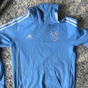 Adidas Sky Blue Hoodie with White Stripes and NYC FC Logo